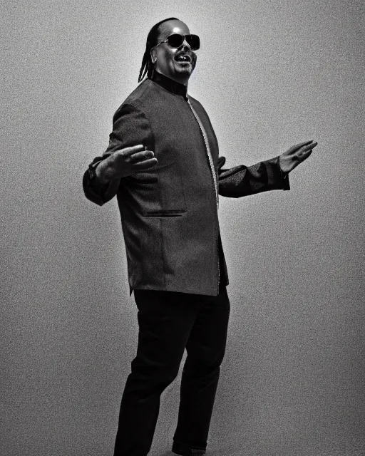 Prompt: Fully-clothed full-body candid portrait of Stevie Wonder, Canon EOS R5, 50mm, F1.4, black background, dark studio lighting, professional, 8K