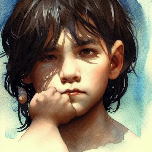 Image similar to young boy, black hair, light muscles, gorgeous, amazing, delicate, elegant, intricate, highly detailed, watercolor, portrait, artstation, concept art, sharp focus, illustration, art by artherm and greg rutkowski and alphonse mucha