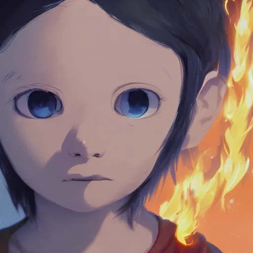 Image similar to a child with grey skin with blues and short brown hair, holding fire, highly detailed, digital painting, artstation, matte, by makoto shinkai, animation style