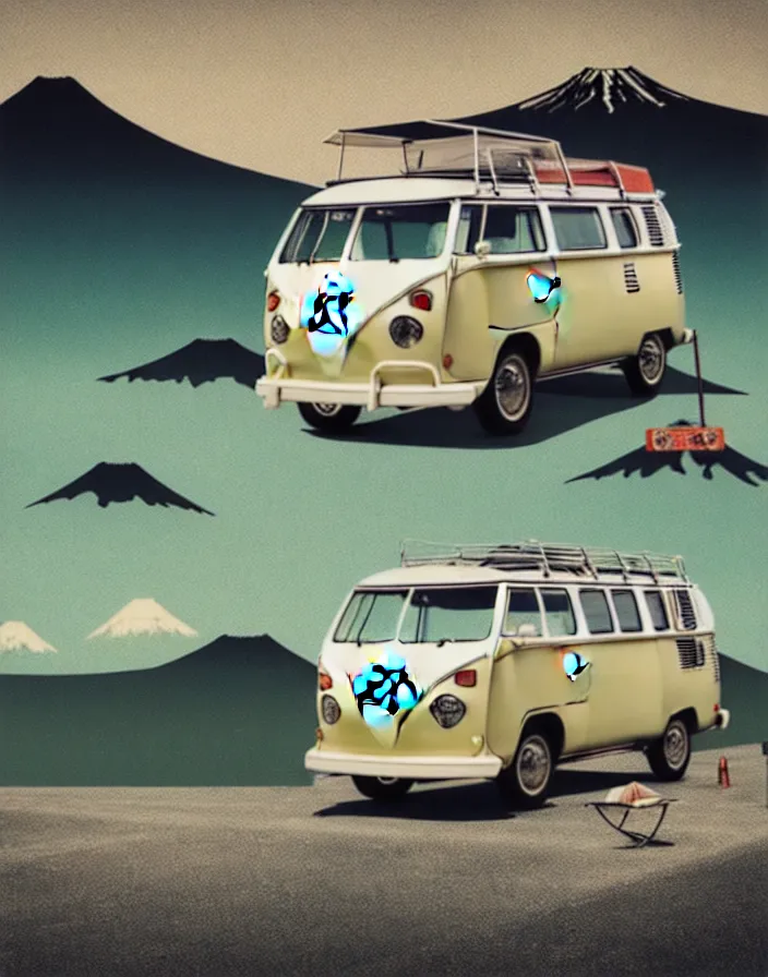 Image similar to vw camper touring rural japan, a collage painting, in the style of wes anderson, lola dupre, david hockney, isolated on negative white space background dark monochrome fluorescent spraypaint accents volumetric octane render, no double figure