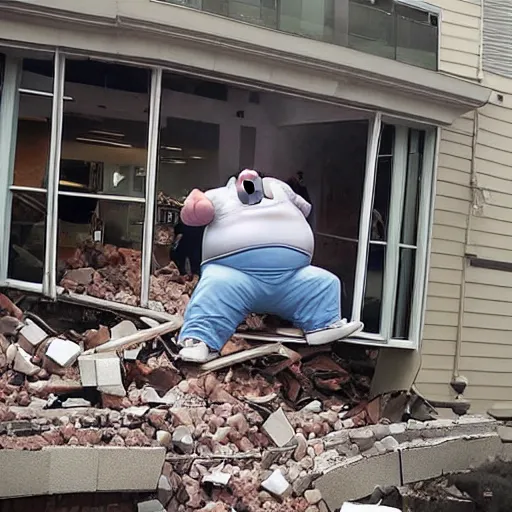 Prompt: huge fat man falls on mcdonalds and destroys the building with his weight
