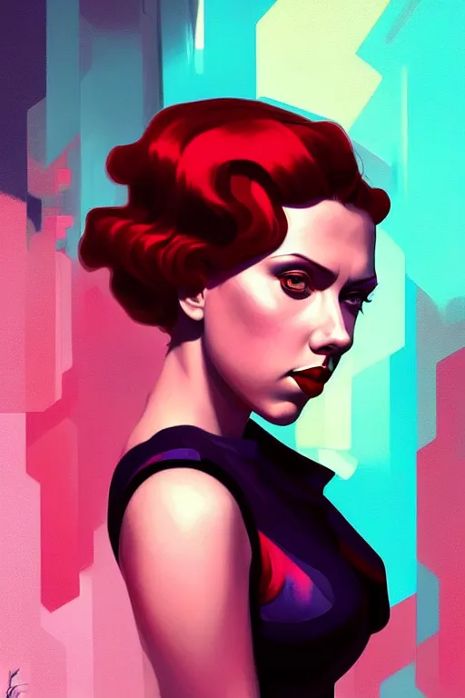 Image similar to closup portrait of scarlette johansson as noir femme fatale by sabbas apterus and james jean, bright saturated colors, concept art, beautiful composition, digital painting, trending on artstation, mucha