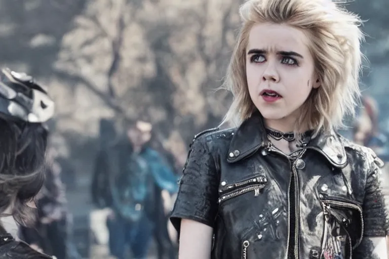 Image similar to promotional image of kiernan shipka as a british punk rocker in a new movie, blue dyed hair, leather clothes, heavy makeup, detailed face, movie still frame, promotional image, imax 70 mm footage