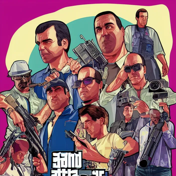 Prompt: GTA5 art cover as 90's game cover illustration style