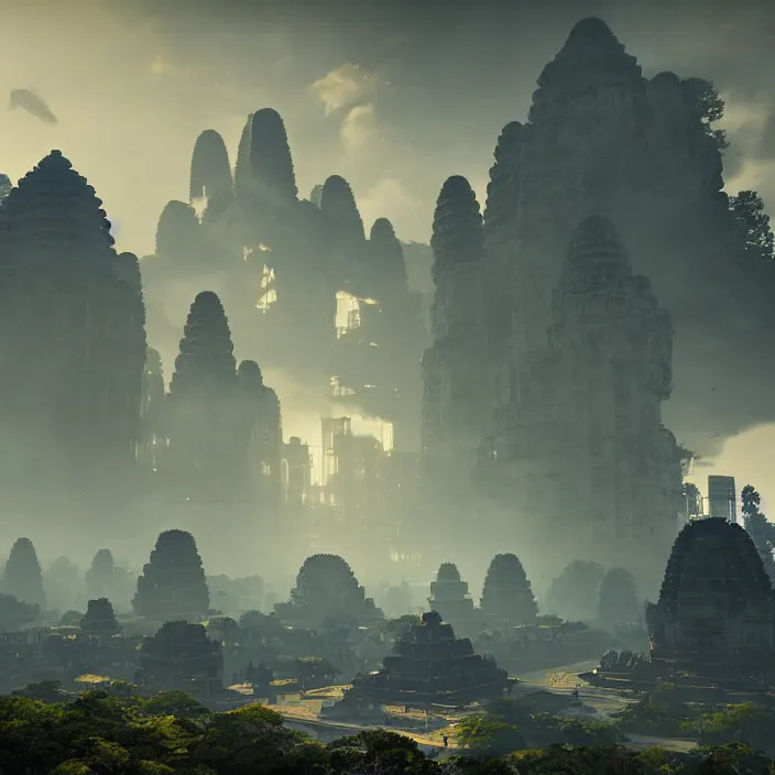 Prompt: noir skyline from utopian cambodia, epic, volumetric lighting, oriental, unreal engine, detailed, by greg rutkowski, by adolph menzel, by takashi murakami
