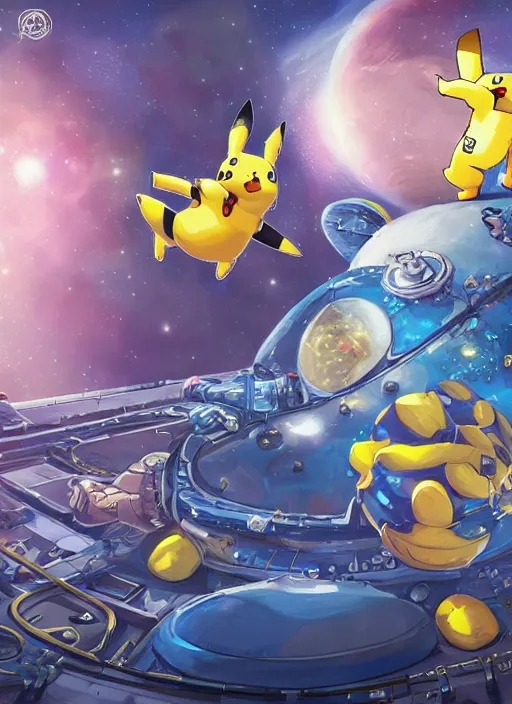 Image similar to high intricate pikachu as an astronaut on space harbor, full shot, maria panfilova, andrea savchenko, mike kime, ludovic plouffe, qi sheng luo, oliver cook, julian calle, eddie mendoza, trending on artstation