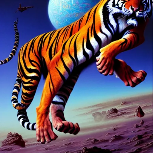 Image similar to futuristic sneakers, fantasy art, ultra realistic, cinematic, wide angle, tiger pattern skin, highly detailed by boris vallejo, scott roberston, neville page, aaron horkey, wayne barlowe, craig mullins, roberto ferri, hajime sorayama