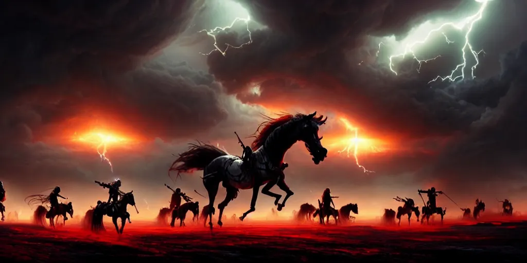 Image similar to ”four horsemen of the apocalypse riding skeleton horses towards the camera [epic, cinematic, scary, intimidating, horror, war, battle, hell, storm clouds, lightning, octane render, 8k, mattepainting, art by wlop and paul lehr and greg rutkowski]”