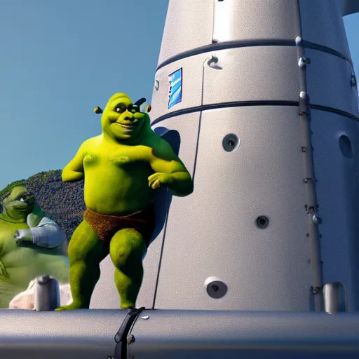 Prompt: shrek attached to a spacex rocket, cinematic lighting, detailed, sharp focus