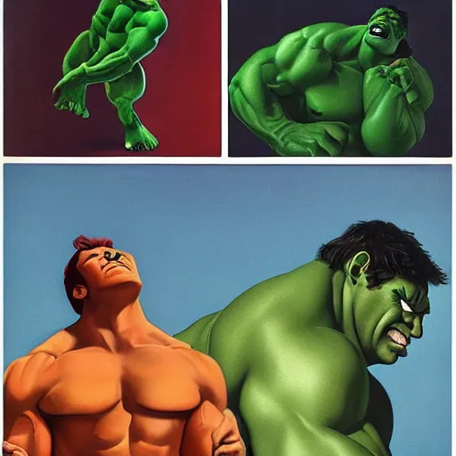 Image similar to the incredible-hulk is feeling weak by Raphael, Hopper, and Rene Magritte. detailed, romantic, enchanting, trending on artstation.