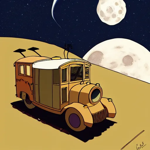 Prompt: a study of cell shaded cartoon caterpillar train from howl's moving castle ( 2 0 0 4 ) on a desert road, in front of a big moon, full body, wide shot, very muted colors, post grunge, studio ghibli, laurie greasley, highly detailed, deviantart, art by artgem