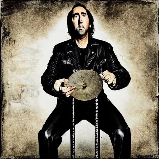 Prompt: nic cage breaking a drum over his knee, stylized album cover