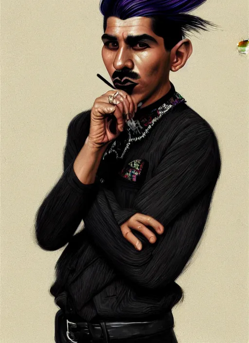 Prompt: portrait of a peruvian man with a crooked nose and a confident expression, 1 9 6 0 s, black clothes, goth, punk, brightly coloured hair, funk, intricate, elegant, highly detailed, digital painting, artstation, concept art, smooth, sharp focus, illustration, art by wlop, mars ravelo and greg rutkowski