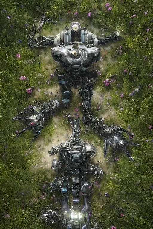 Image similar to a portrait of a broken giant mechanical robot laying in the meadow covered in plants by greg rutkowski, sung choi, mitchell mohrhauser, maciej kuciara, johnson ting, maxim verehin, peter konig, bloodborne, 8 k photorealistic, cinematic lighting, hd, high details, dramatic, dark atmosphere, trending on artstation