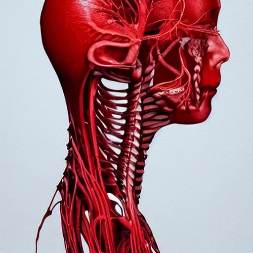 Prompt: scarlet artistic anatomical surreal portrait : my new body is smooth without and red within like a sweet fruit, my limbs are strong as cables, my senses are sharp, eternal youth