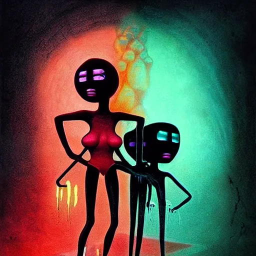 Image similar to the powerpuff girls by beksinski and tristan eaton, dark neon trimmed beautiful dystopian digital art