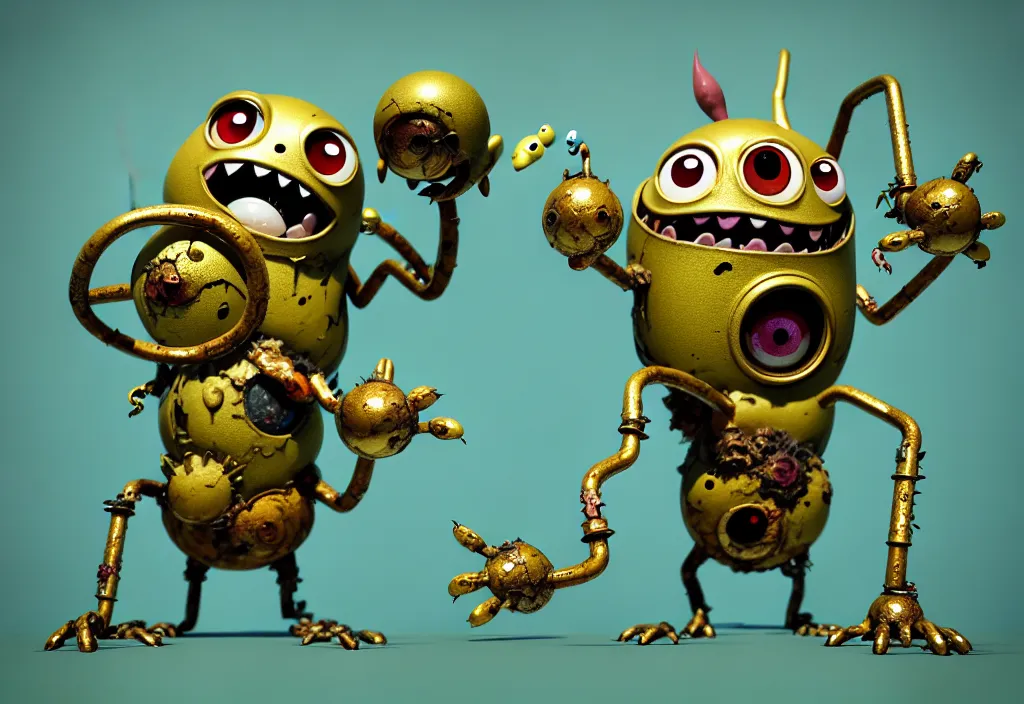 Image similar to , grotesque despair cute monster smooth paneling, one large gold eye intricate detail, style of pokemon, with damaged rusty arms, broken antenna, recycled, floating, white studio, oil, mechanical, toy, ambient light, in the style of pixar animation, pokedstudios, blender, octane render, 8 k, gediminas pranckevicius