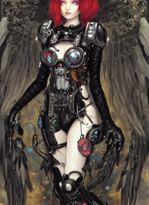 Image similar to portrait of cute beautiful young goth angel cyborg maiden, cyberpunk, Warhammer 40000, gothic, highly detailed, artstation, illustration, art by Gustav Klimt and Range Murata