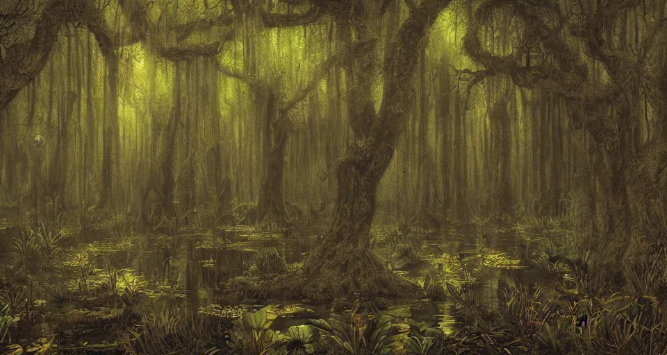 Image similar to A dense and dark enchanted forest with a swamp, by Esao Andrew