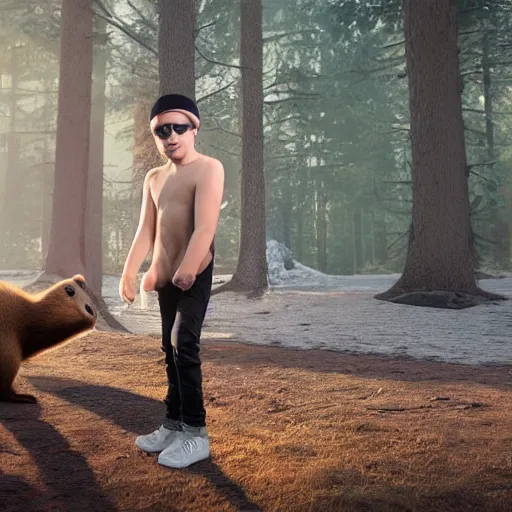 Image similar to hyperrealistic dslr film still of justin bieber disguised as a ( beaver ), stunning 8 k octane comprehensive 3 d render, inspired by istvan sandorfi & greg rutkowski & unreal engine, perfect symmetry, dim volumetric cinematic lighting, extremely hyper - detailed, incredibly real lifelike attributes & flesh texture, intricate, masterpiece, artstation, stunning