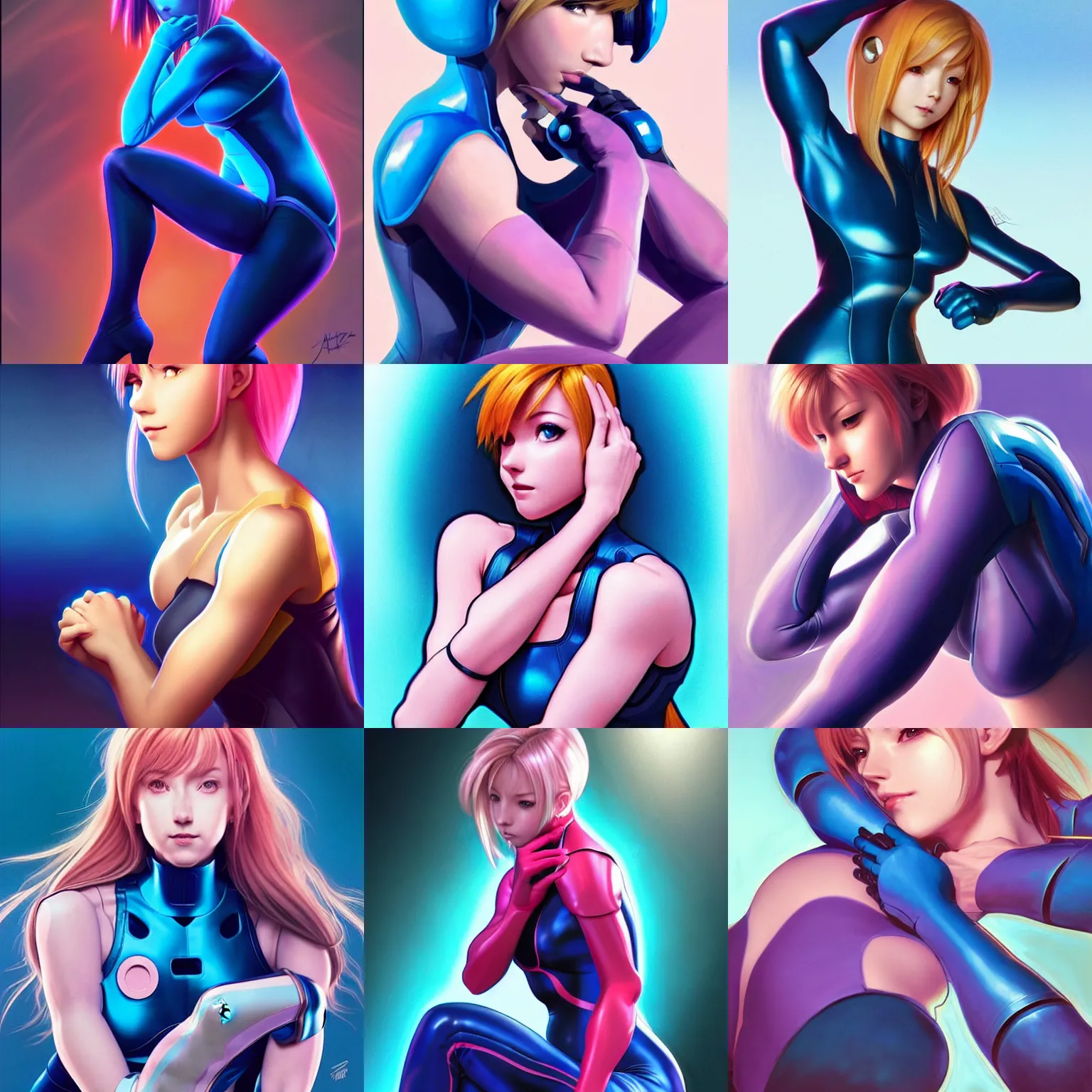 Prompt: striking character concept portrait, samus aran, sitting with wrists together, blue and pink zero suit, curvaceous. detailed, elegant, high quality, dark lighting, very high contrast with dark background, fantasy, reflective, spotlight. digital artwork by artgerm and wlop and alex ross and pixar and alphonse mucha, trending on artstation