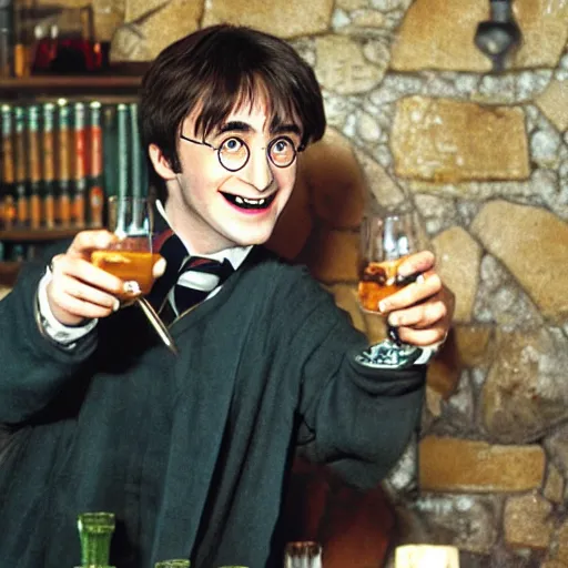 Prompt: Harry Potter drinking a pastis