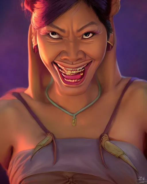 Image similar to giggling heavy - set filipina woman character portrait, by don bluth, sci - fi environment, highly detailed, dynamic shadows, 4 k, wallpaper - 1 0 2 4