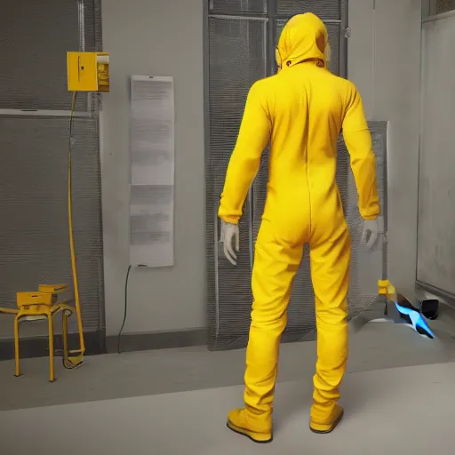 Prompt: « a person wearing yellow hazma suit, in a laboratory, photorealistic, unreal engine 5, full body portrait, back view »
