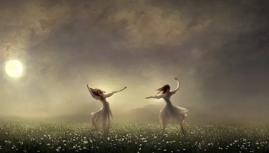 dancers in white lit only by the moon, dancing across