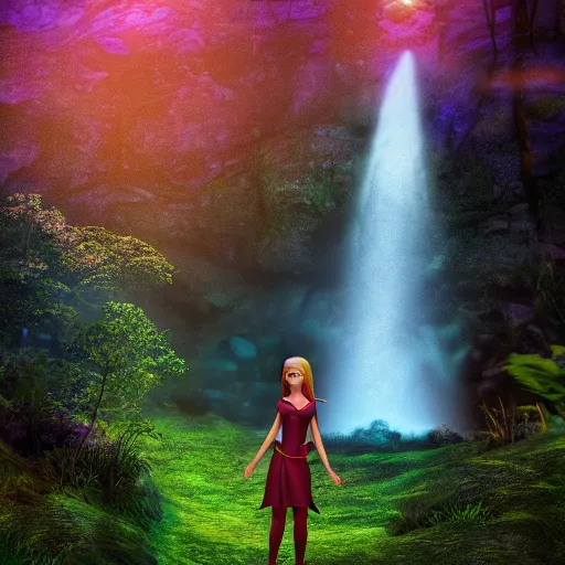 Prompt: young female elf, beautiful, stood in front of waterfall in forest glade, volumetric lighting, moonlit