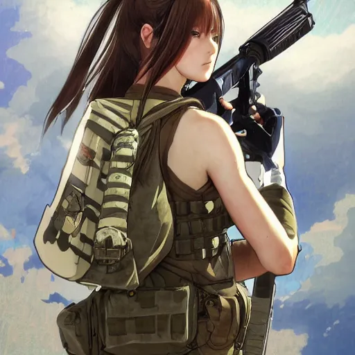 Image similar to soldier girl, army, anime style, long hair, hair down, symmetrical facial features, girls frontline cg, hyper realistic, pale skin, 4 k, rule of thirds, extreme detail, detailed drawing, trending artstation, hd, heavy backpack, d & d, realistic lighting, by alphonse mucha, greg rutkowski, sharp focus, backlit