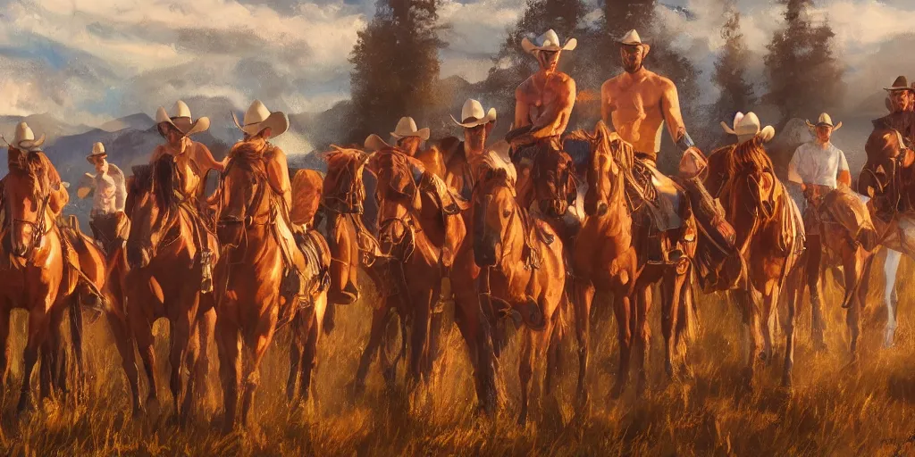 Prompt: a beautiful painting 18 hot hard buff cowboys!! in the showers at Ram Ranch, hyperrealistic, golden hour, by Mark Maggiori, by Frank Tenny Johnson, trending on artstation