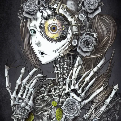 Image similar to surreal manga anime photo portrait of complex bio - mechanical beautiful young female skeletal cyborg with a mandelbrot fractal steampunk metal skull face, disney, retrofuturistic depressing, floral foliage, rococo, steampunk, 8 k