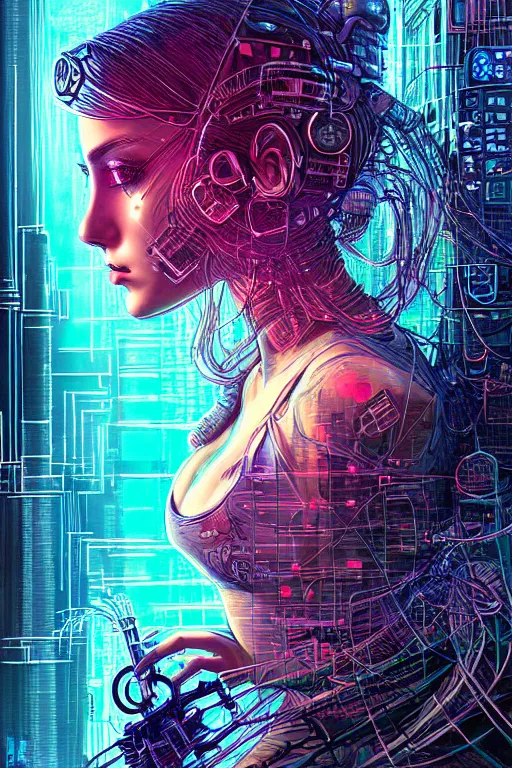 Image similar to dreamy cyberpunk girl, abstract smoke neon, digital nodes, computer network, beautiful woman, detailed acrylic, grunge, intricate complexity, by dan mumford and by alberto giacometti, arthur rackham