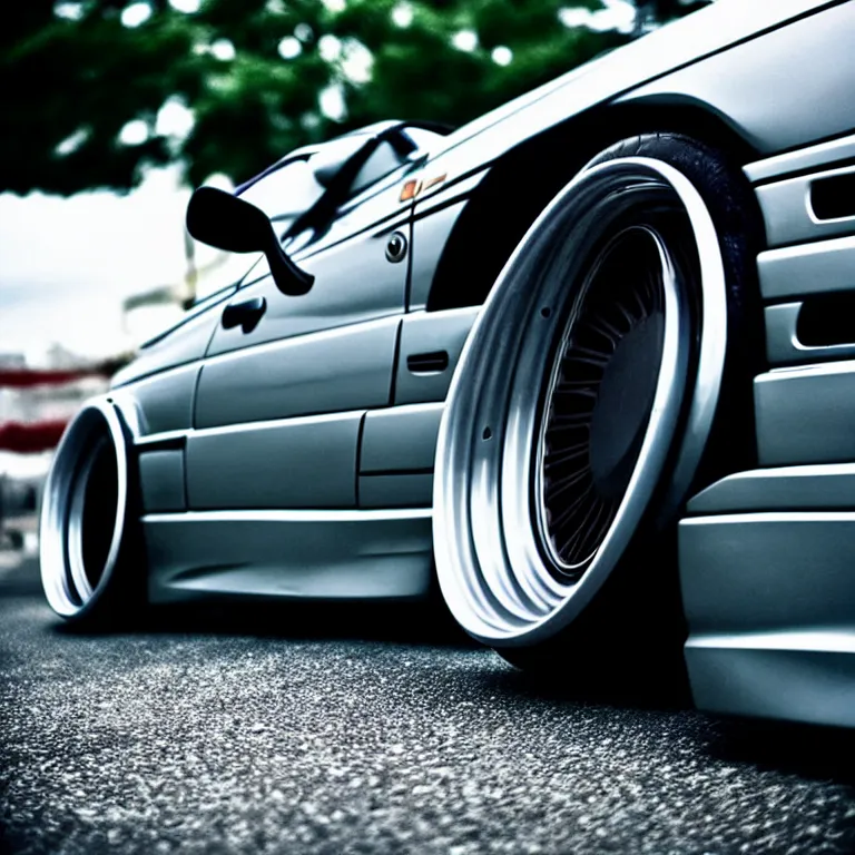 Image similar to close-up-photo BMW E36 illegal meet, cambered wheels, Saitama prefecture, misty midnight, cinematic color, photorealistic, high detailed wheels, highly detailed, custom headlights