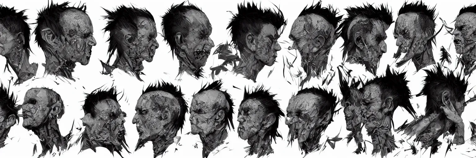 Image similar to character faces, realistic punk singer faces, rocker, aggressive, character sheet, fine details, concept design, contrast, kim jung gi, greg rutkowski and da vinci, trending on artstation, 8 k, emotional, face turnaround, front view, back view, side view, ultra wide angle