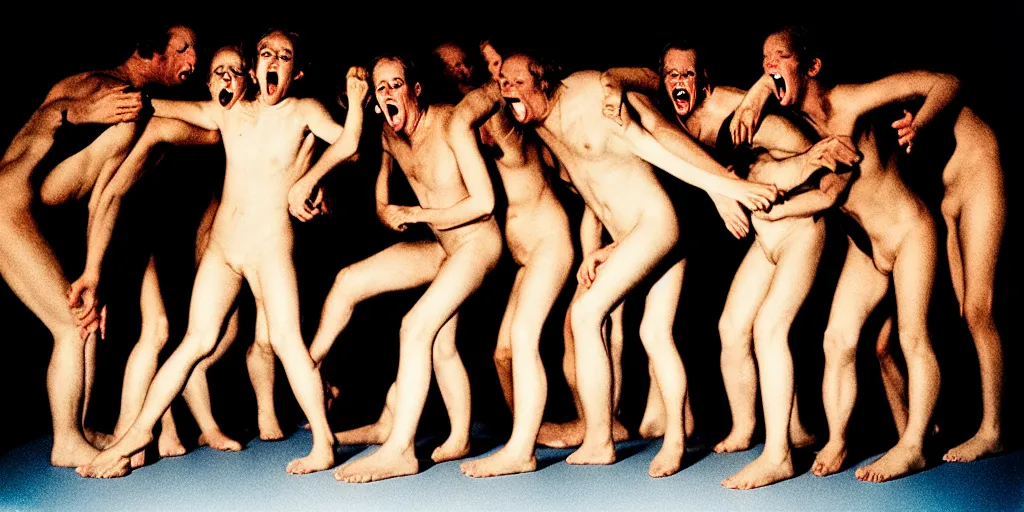 Image similar to full body portrait of people screaming with demons terror fear joy love life light golden hour 1 2 0 mm film highly detailed sharp zeiss lens 1. 8 high contrast chiaroscuro detailed photograph by gottfried helnwein ryan mcginley robert mapplethorpe david armstrong david wojnarowicz