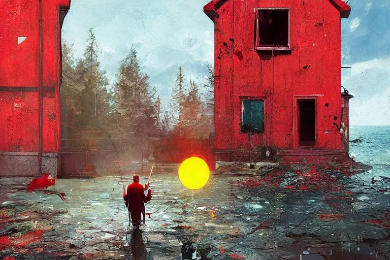 Image similar to a man in red playing the violin next to a yellow lightinghouse, the sun is shining and the ocean is blue, Painting, Fine Art, Unreal Engine, Ismail Inceoglu, Ivan Shishkin