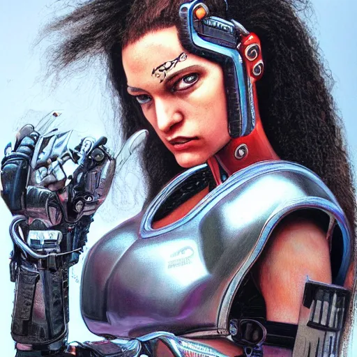 Image similar to a hyperrealistic portrait painting of a beautiful female cyberpunk warrior, by alan moore, highly detailed,