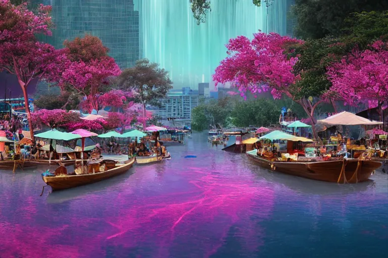 Image similar to floating markets of singapore river along boat quay turquoise and pink river during orchid tree season on thermal waters flowing down white travertine terraces during interstellar aurora borealis, gold waterfalls, vendors, festivals, fun, by peter mohrbacher, james jean, james gilleard, greg rutkowski, vincent di fate, rule of thirds, octane render, beautiful landscape