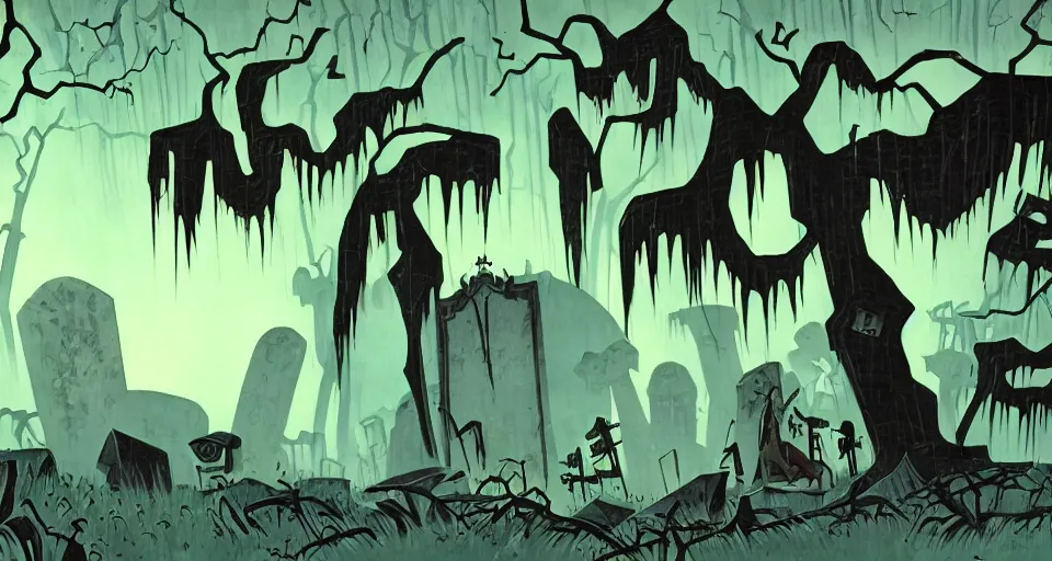 Prompt: Scene in a creepy graveyard from Samurai Jack by Genndy Tartakovsky and Eyvind Earle