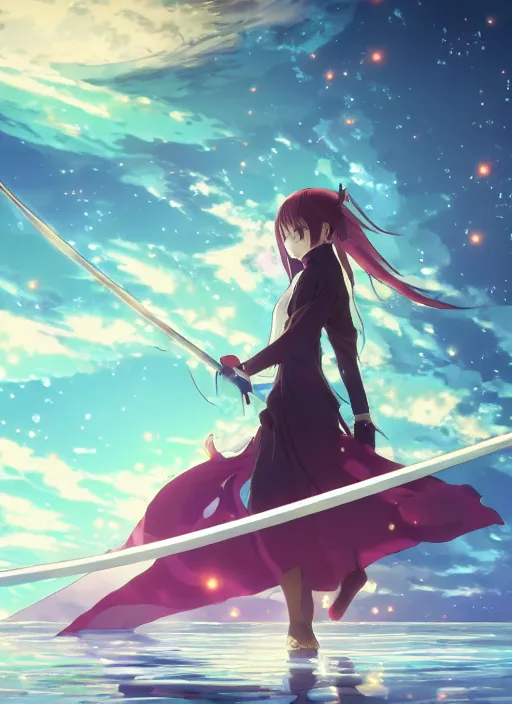 Prompt: a beautiful anime girl walking on water holding a beautiful katana, ripples, backdrop of dawn, giant planets in the background, anime illustration from genshin impact from demon slayer from jujutsu kaisen, concept art, anime, key visual, trending pixiv fanbox by wlop and greg rutkowski and makoto shinkai and studio ghibli