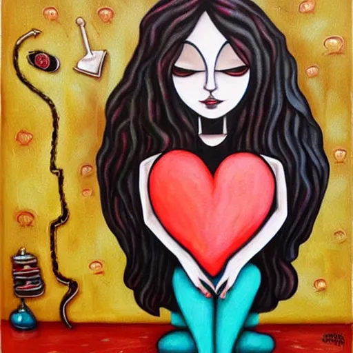 Prompt: macabre painting of a person sewing a heart together by jeremiah ketner | horror themed | creepy