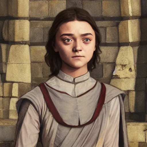 Image similar to arya stark, 1 6 years old, at borobudur, mucha, artstation