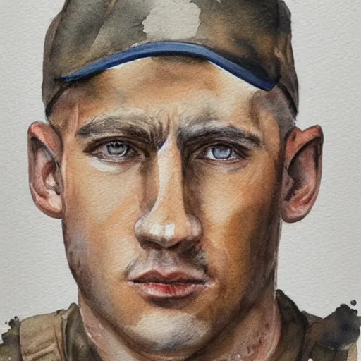 Prompt: Detailed portrait of a jarhead. Watercolor.