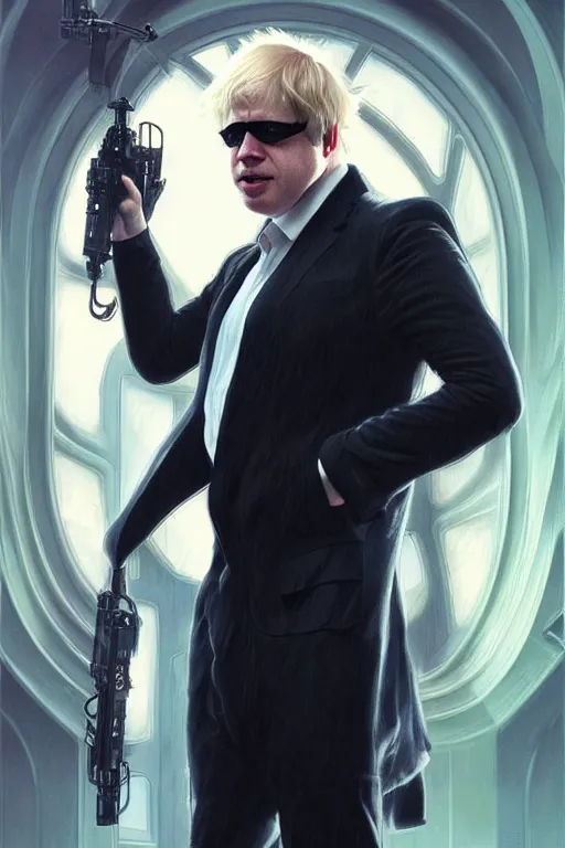 Prompt: Boris Johnson as Neo from Matrix in sunglasses, full body realistic portrait, highly detailed, muscular body, digital painting, artstation, concept art, smooth, sharp focus, illustration, cinematic lighting, art by artgerm and greg rutkowski and alphonse mucha