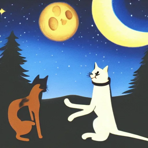 Prompt: A dog and a cat waltzing in the moonlight