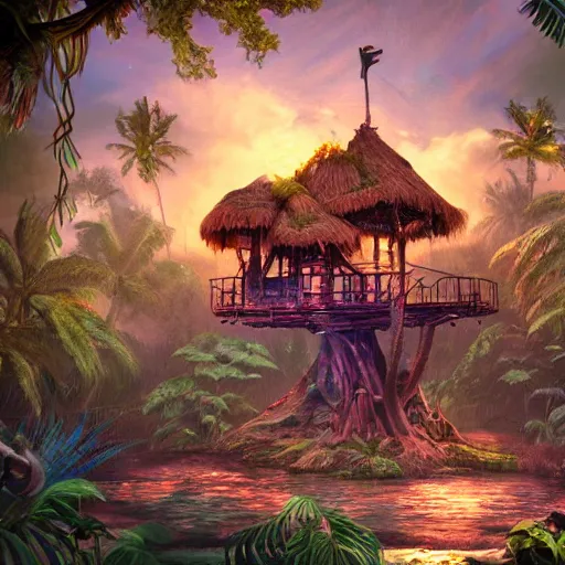 Prompt: tikipunk treehouse, fantasy oil painting, fine art, cinematic lighting, framed focus, hyperdetailed, 8k, high resolution, insanely detailed and intricate, surreal, trending on artstation, octane render