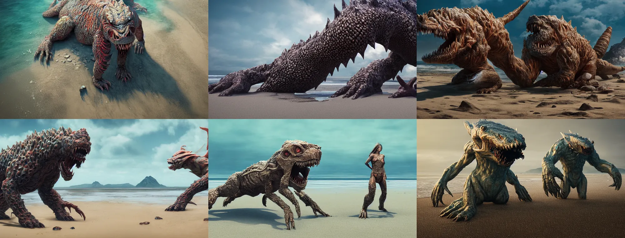 Prompt: incredibly realistic, too detailed fullbody of apex predator monster in a sunny low tide beach, octane render, bump mapping, macro image, global illumination, 8 k, bokeh, enki bilal, yuji himukai, jen zee, mohrbacher