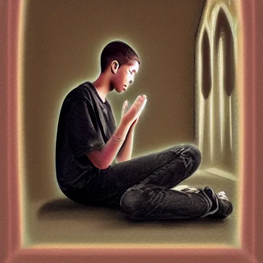 Image similar to a male teenager praying for a divine smartphone in front of him, digital art